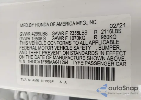 2021 Honda Accord Ex-L z USA, uszkodzony, nr VIN 1HGCV1F55MA041264